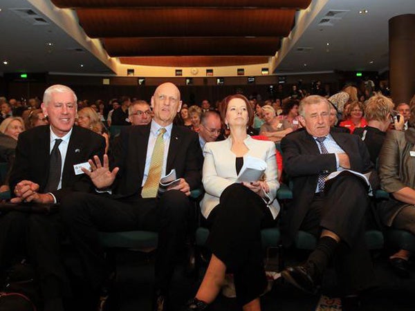 Caption: Graeme Innes AM, the Hon Peter Garrett AM MP, Prime Minister of Australia the Hon Julia Gillard MP, the Hon Simon Crean MP at the National Library of Australia