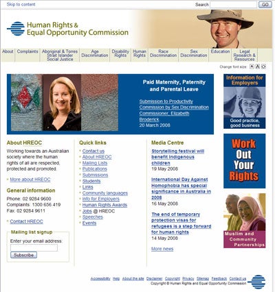 Screenshot of the Human Rights and Equal Opportunity Commission homepage