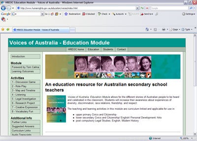 Screenshot of the Voices of Australia - Education Module homepage