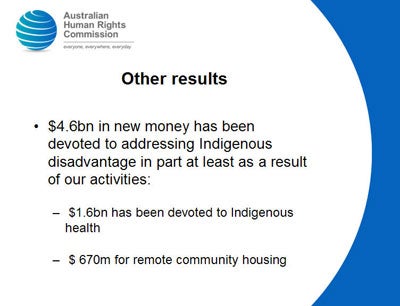 Slide 14: Other results<br />
$4.6bn in new money has been devoted to addressing Indigenous disadvantage in part at least as a result of our activities:</p>
<p> $1.6bn has been devoted to Indigenous health</p>
<p> $670m for remote community housing</p>
<p>