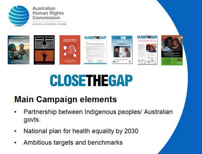 Slide 4: Publication covers. Close the Gap: Main Campaign elements<br />
Partnership between Indigenous peoples/ Australian           govts.<br />
National plan for health equality by 2030<br />
Ambitious targets and benchmarks</p>
<p>