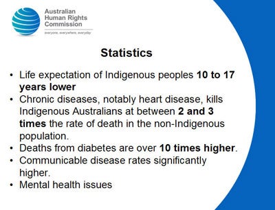 Slide 5: Statistics<br />
Life expectation of Indigenous peoples 10 to 17 years lower<br />
Chronic diseases, notably heart disease, kills Indigenous Australians at between 2 and 3 times the rate of death in the non-Indigenous population.<br />
Deaths from diabetes are over 10 times higher.<br />
Communicable disease rates significantly higher.<br />
Mental health issues<br />
