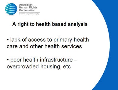 Slide 7: A right to health based analysis<br />
 lack of access to primary health care and other health services<br />
 <br />
 poor health infrastructure – overcrowded housing, etc<br />

