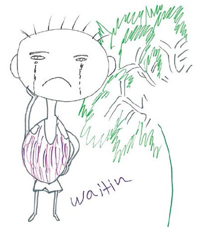 Drawing of person crying in front of a tree with the caption 'waitin'
