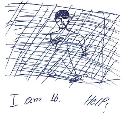 Drawing of teenager behind wire with writing 'I am 16. Help'