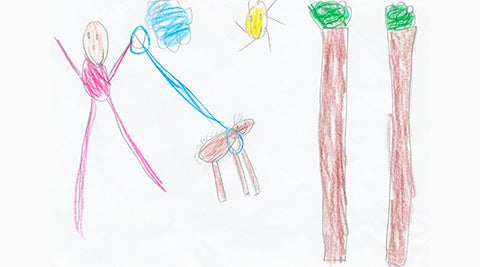 Child's drawing of walking a dog