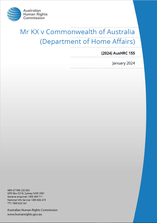 Blue and white cover of human rights report, Mr KX v Commonwealth of Australia