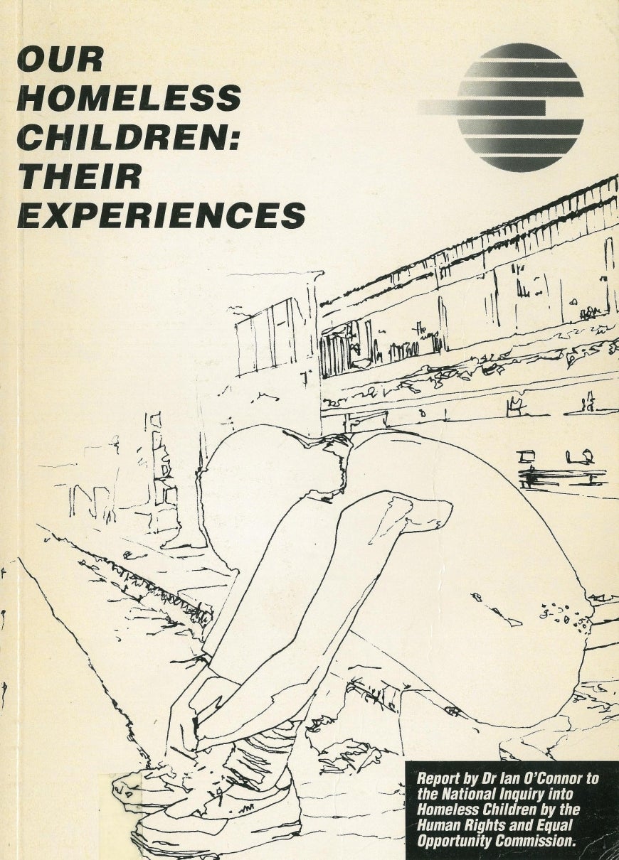 Cover of Our Homeless Children: Their Experiences. Drawing of boy in despair on edge of a gutter