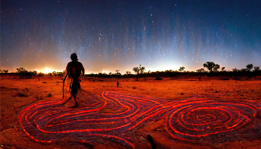 Image of starry night, red earth, silhouette of Indigenous person walking away from camera