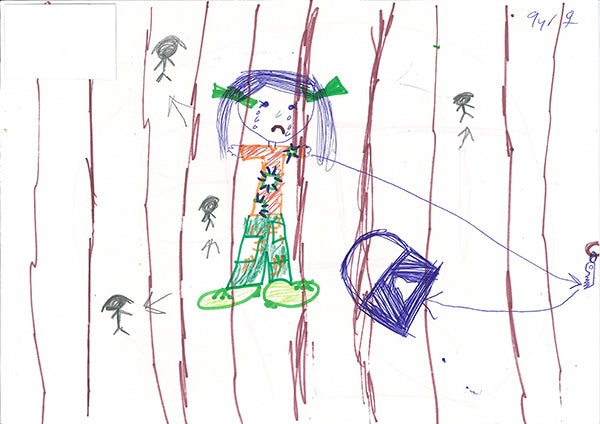 Children's drawing of girl locked behind bars