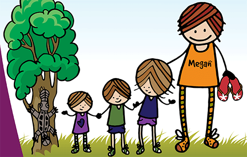 Cartoon of Megan and kids linking hands as a goanna climbs a tree