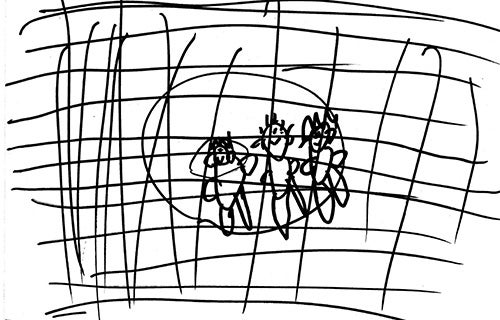 Child drawing - my dad, me and mum behind the fence at Nauru