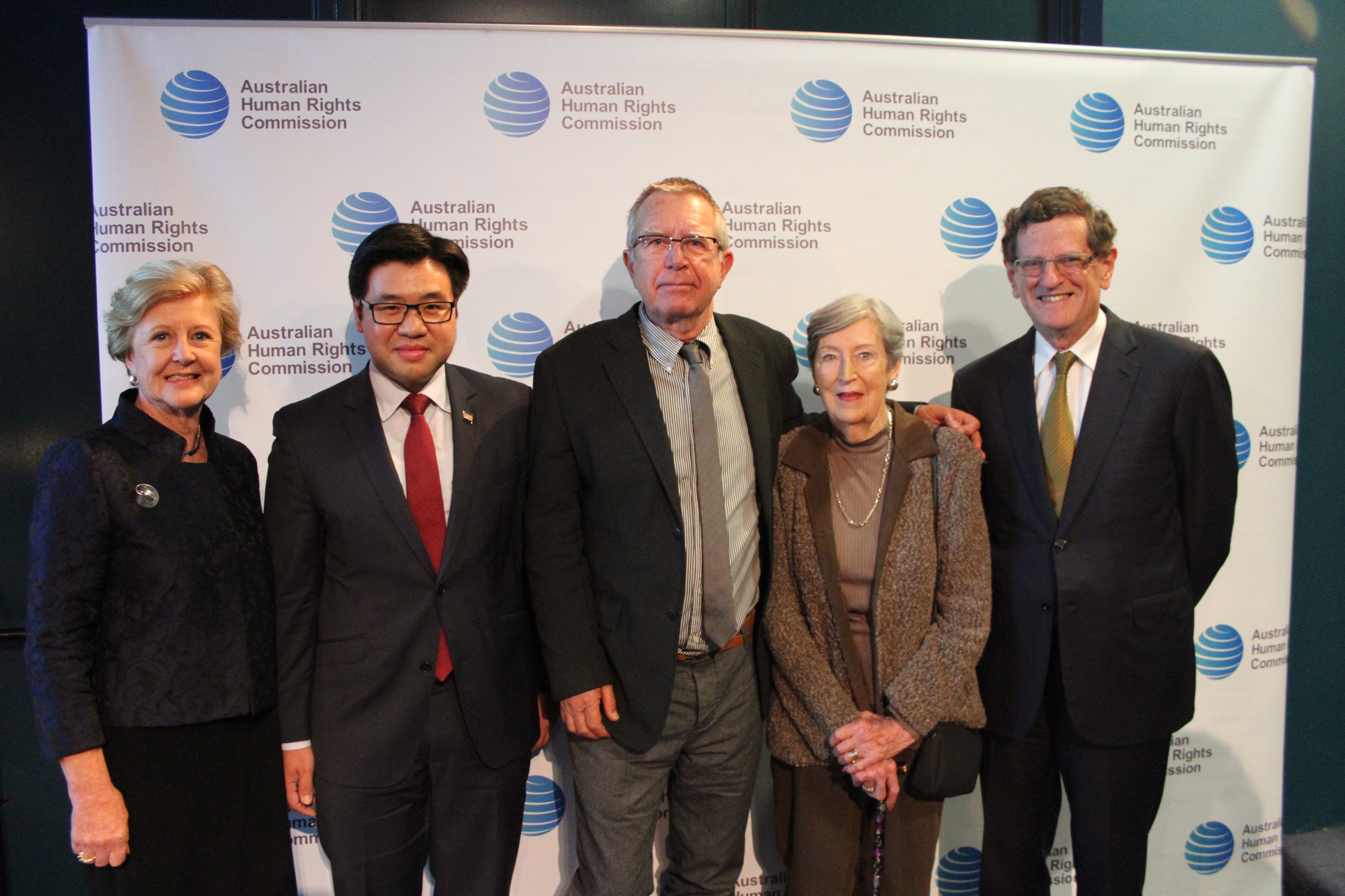 AHRC President Gillian Triggs, Race Discrimination Commissioner Tim Soutphommasane, Keir Enderby, Dorothy Enderby and Chief Justice Robert French