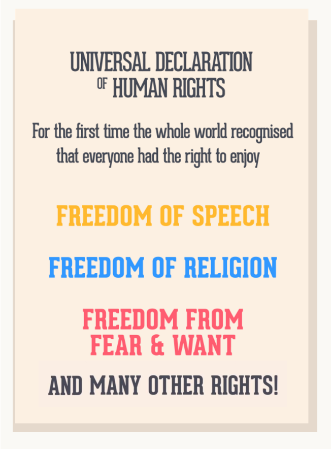 An illustration of the Universal Declaration of Human Rights document. It reads: For the first time the whole world recognised that everyone had the right to enjoy: freedom of speech, freedom of religion, freedom from fear and want, and many other rights.