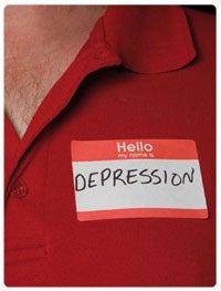 A man with a name tag 'Hello my name is depression' written on it