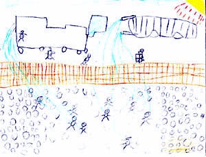 Drawing of water cannons at Woomera by a child in immigration detention. 
