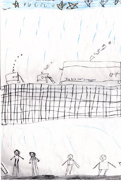 Drawing of children and water cannons by a child detained at Woomera.