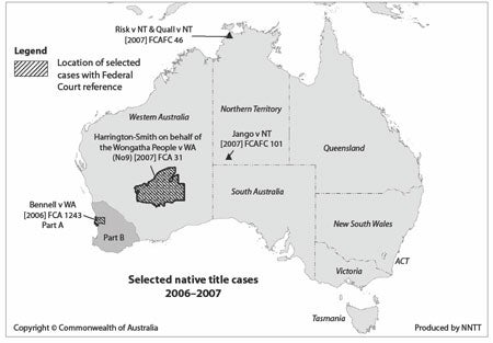Selected Native Title cases on map of Australia
