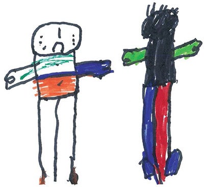 Drawing of 2 people, one with their body crossed out