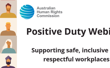 Positive Duty webinar banner with cartoon portraits of people. Text reads Positive Duty Webinar: Supporting safe, inclusive and respectful workplaces 