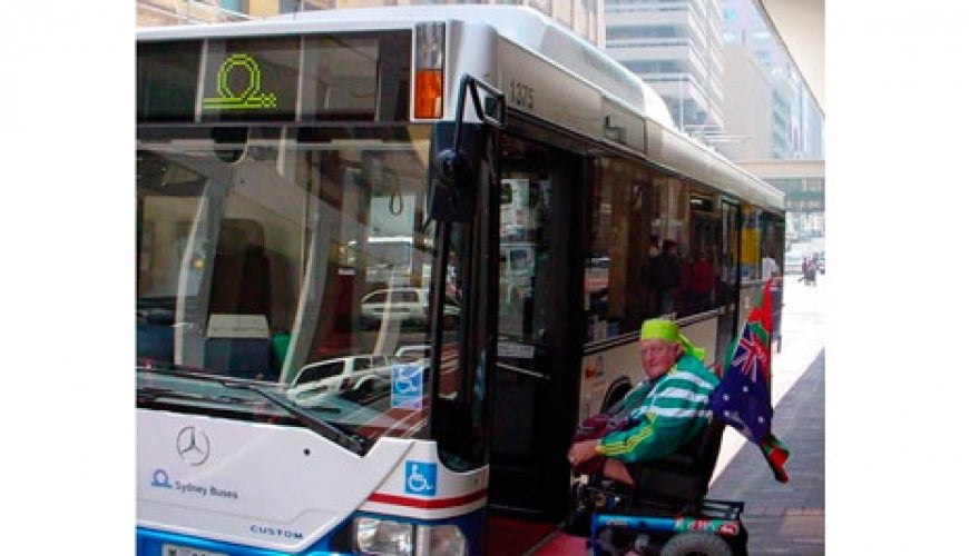 Paralympian and PWD NSW member Mr Alan Sargent boards an accessible bus