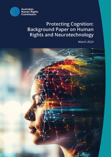 Front cover of the Background Paper on Neurotechnology featuring a woman with lines across her head